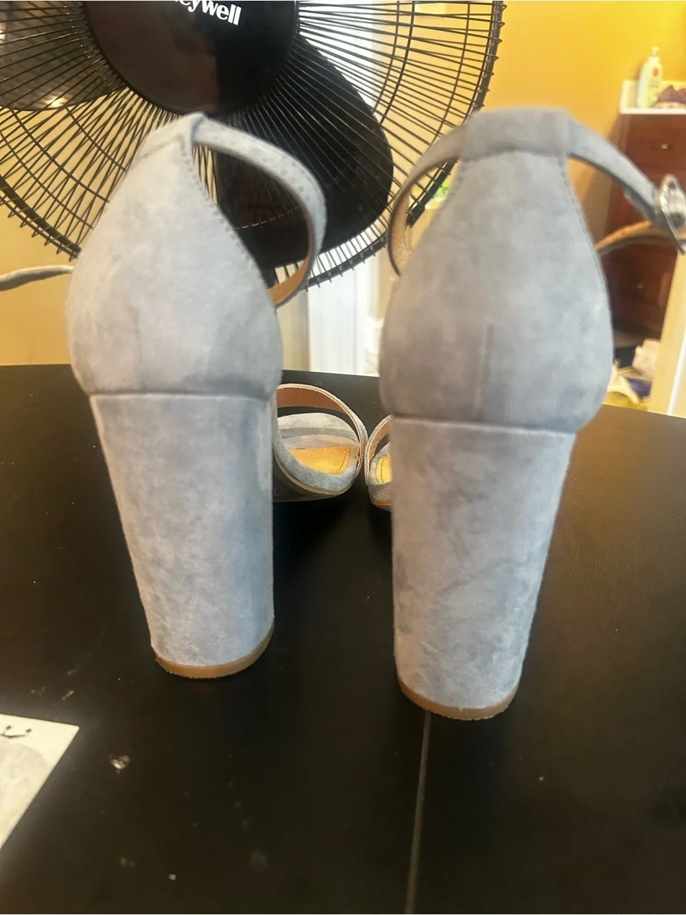 Brash Light Gray Suede Ankle-Strap Block Heel Sandals